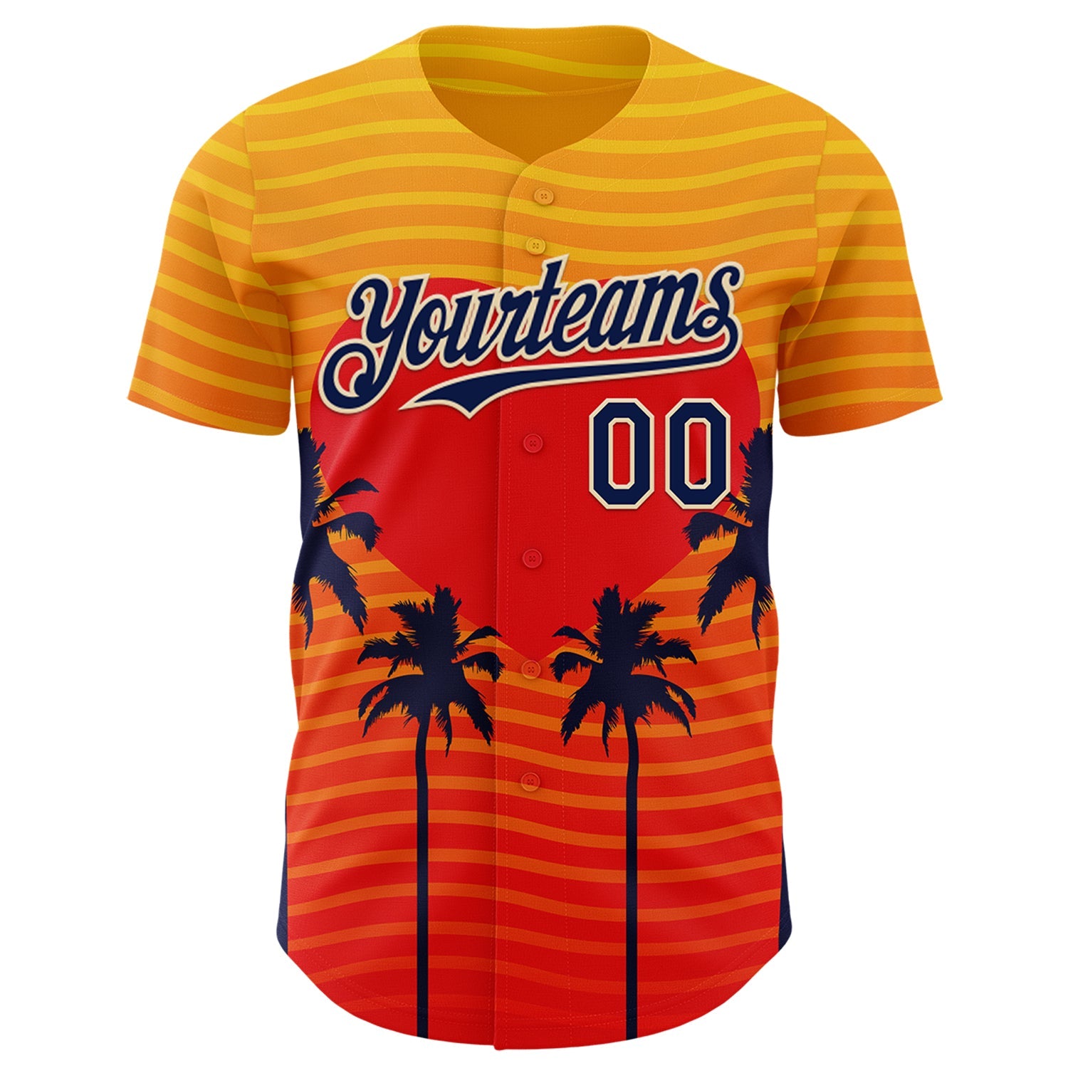 Custom Yellow Navy Orange-Cream Valentine's Day Gradient Coconut Trees Authentic Baseball Jersey view 2