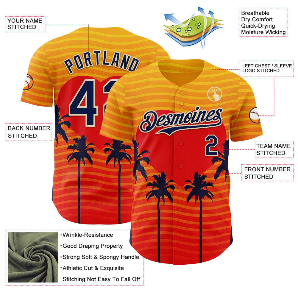 Custom Yellow Navy Orange-Cream Valentine's Day Gradient Coconut Trees Authentic Baseball Jersey view 3
