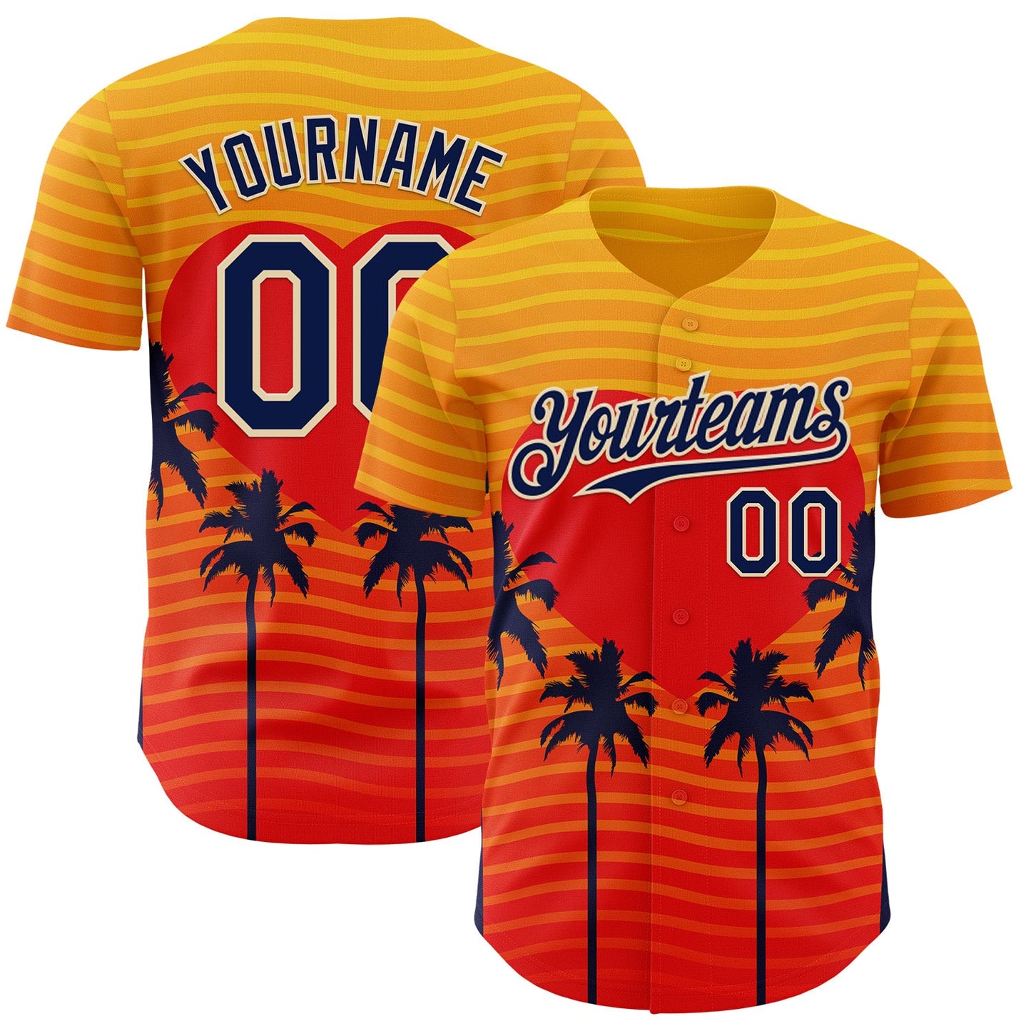 Custom Yellow Navy Orange-Cream Valentine's Day Gradient Coconut Trees Authentic Baseball Jersey - Main View