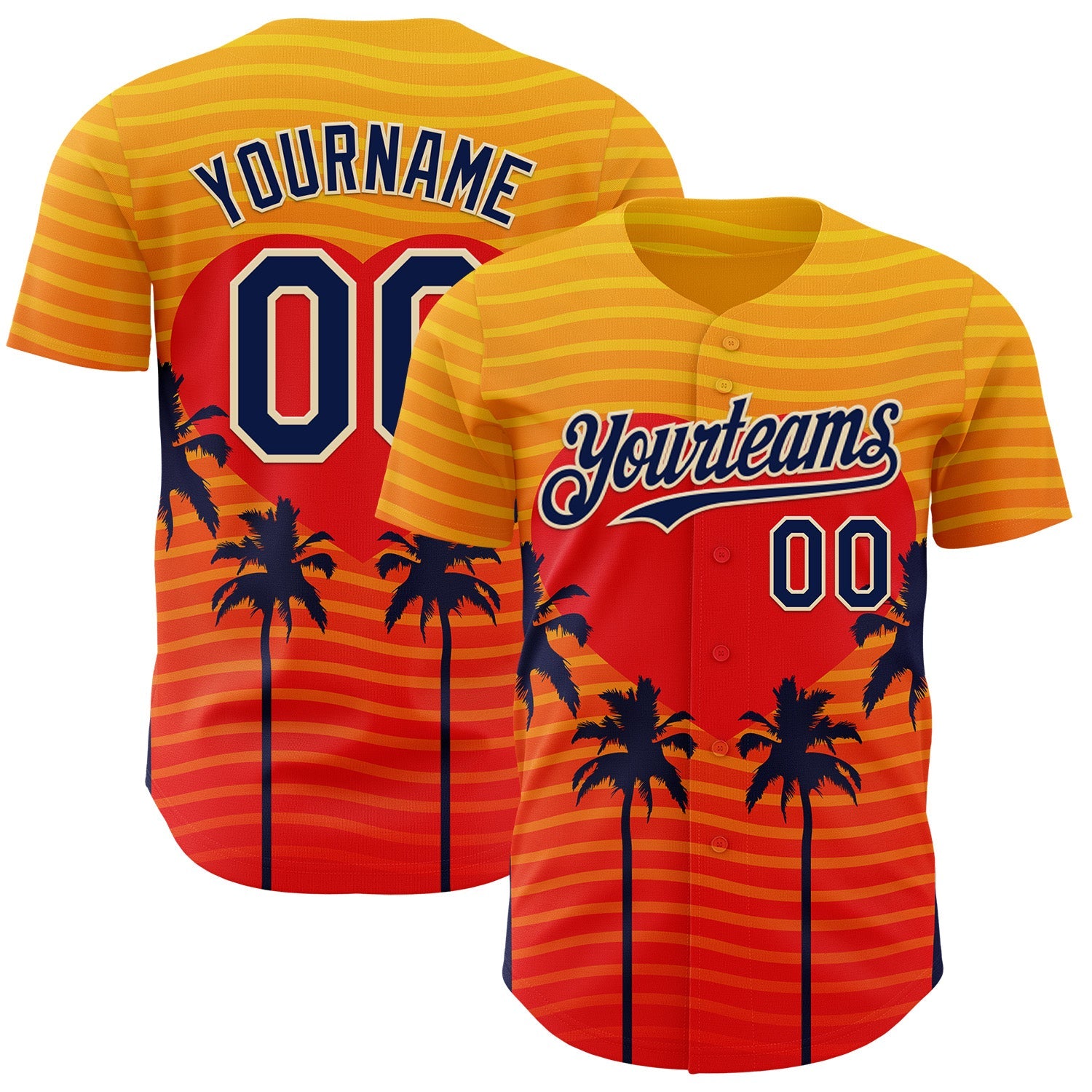 Custom Yellow Navy Orange-Cream Valentine's Day Gradient Coconut Trees Authentic Baseball Jersey - Main View