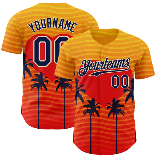 Custom Yellow Navy Orange-Cream Valentine's Day Gradient Coconut Trees Authentic Baseball Jersey - Main View
