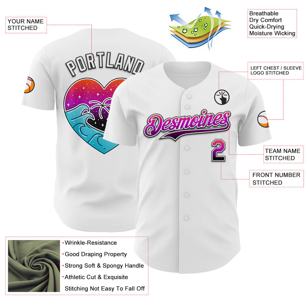 Custom White Gradient-Black Valentine's Day Love Heart Authentic Baseball Jersey view 3
