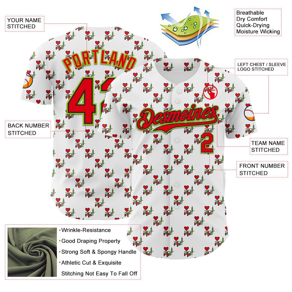 Custom White Fire Red Black-Neon Green Valentine's Day Love Heart Authentic Baseball Jersey view 3