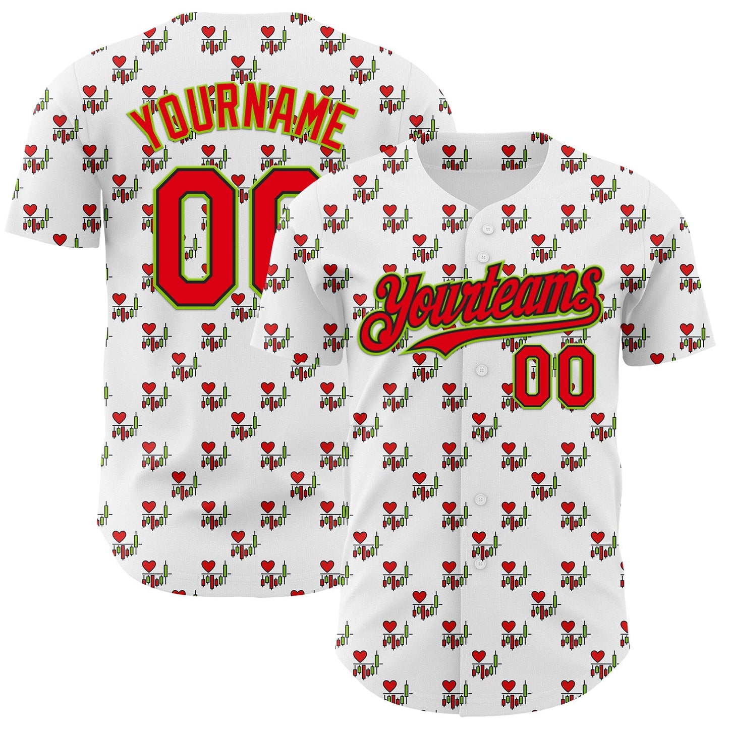 Custom White Fire Red Black-Neon Green Valentine's Day Love Heart Authentic Baseball Jersey - Main View