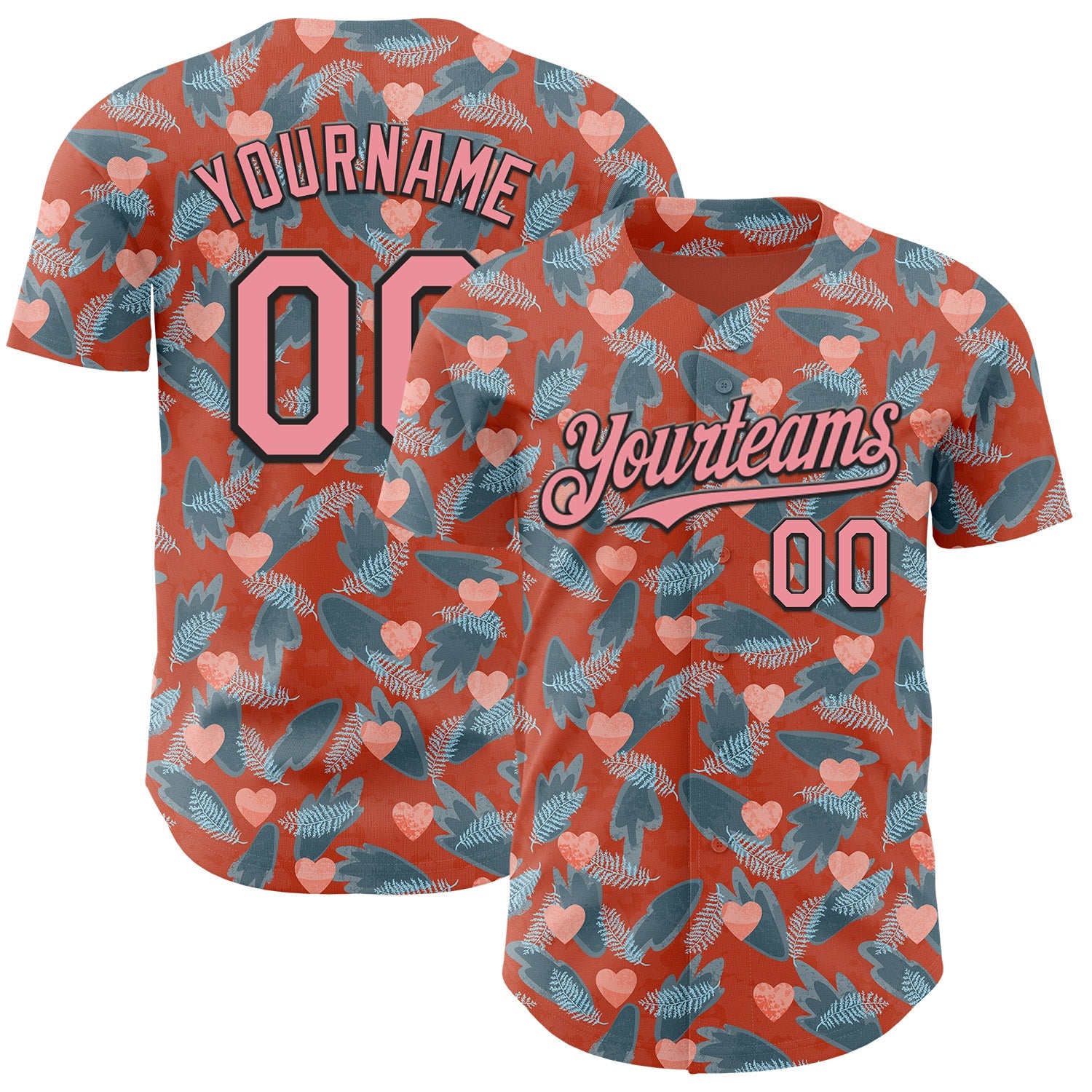 Custom Orange Medium Pink-Black Valentine's Day Love Heart Authentic Baseball Jersey - Main View