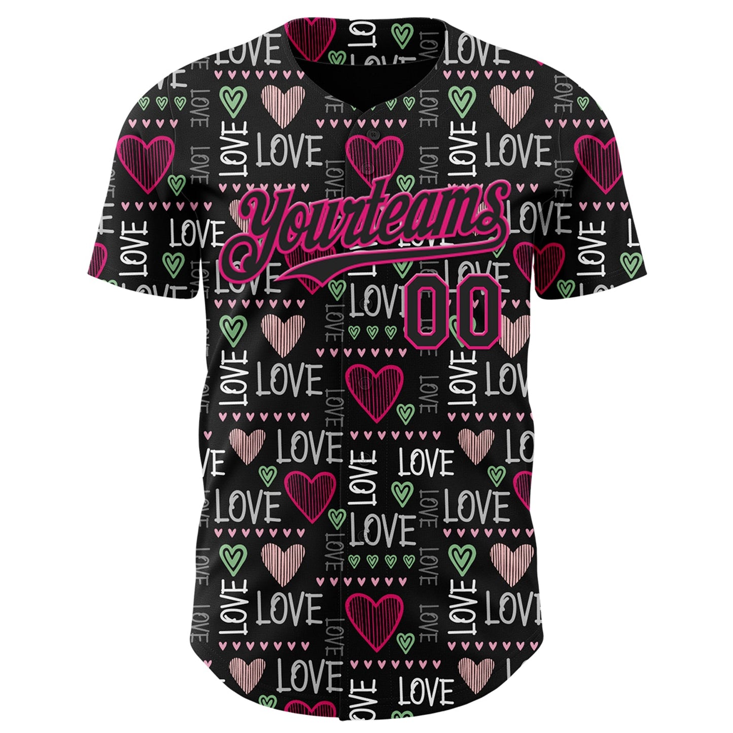 Custom Black Hot Pink Valentine's Day Love Heart Authentic Baseball Jersey view 2