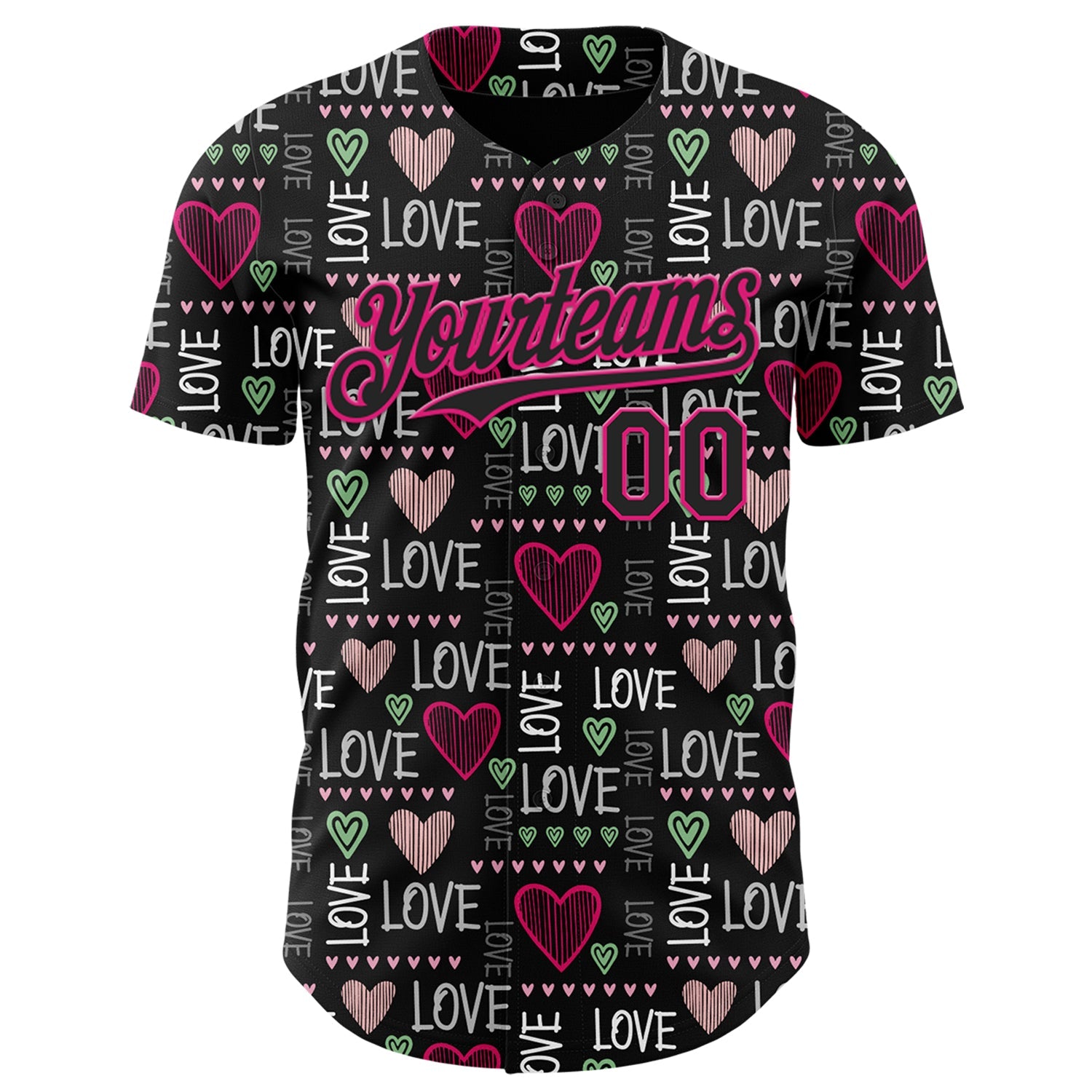 Custom Black Hot Pink Valentine's Day Love Heart Authentic Baseball Jersey view 2