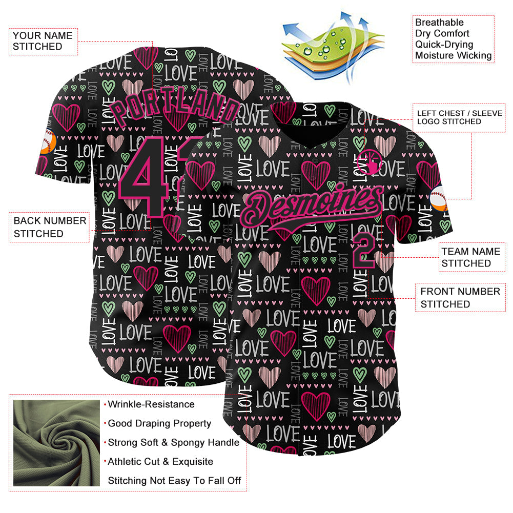 Custom Black Hot Pink Valentine's Day Love Heart Authentic Baseball Jersey view 3