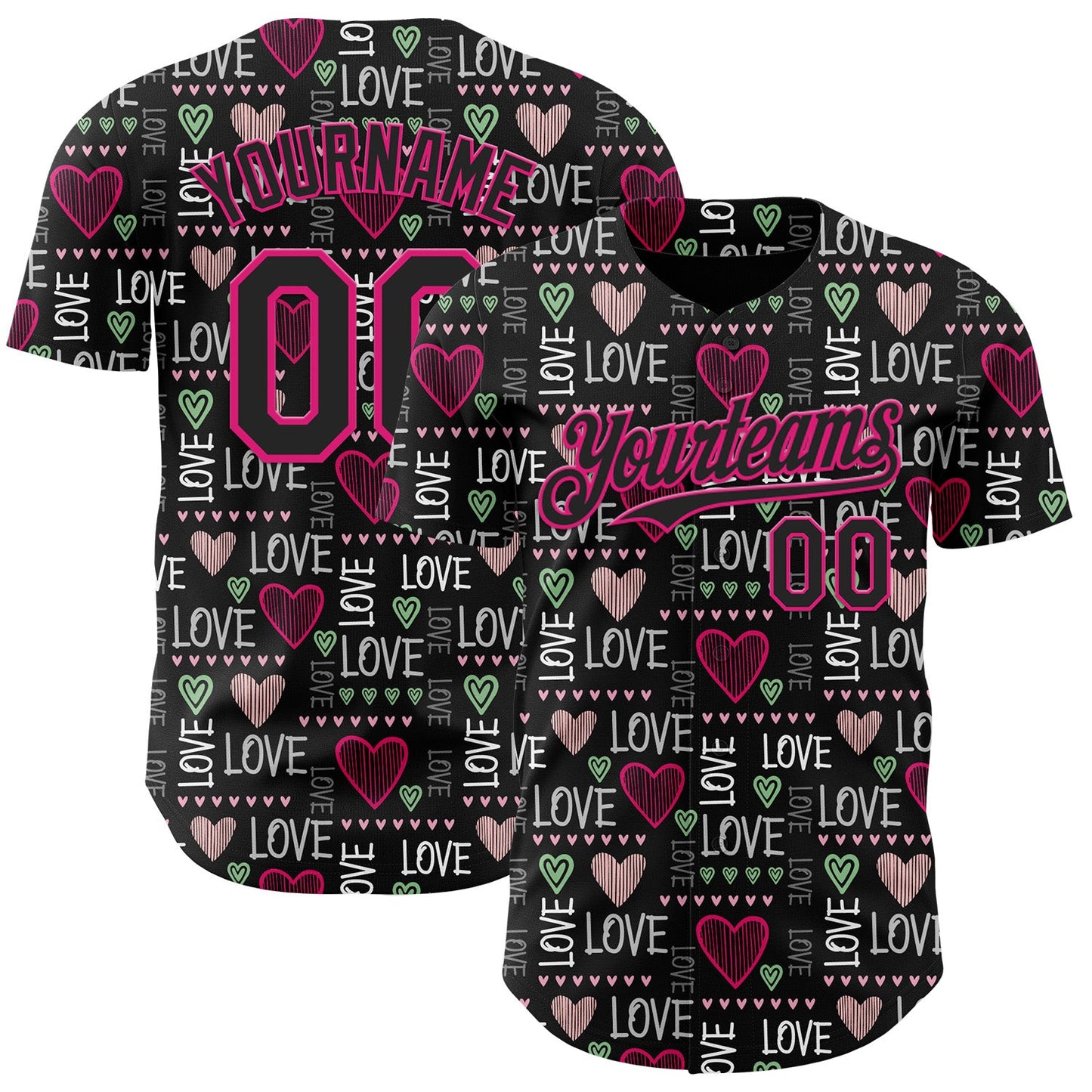 Custom Black Hot Pink Valentine's Day Love Heart Authentic Baseball Jersey - Main View