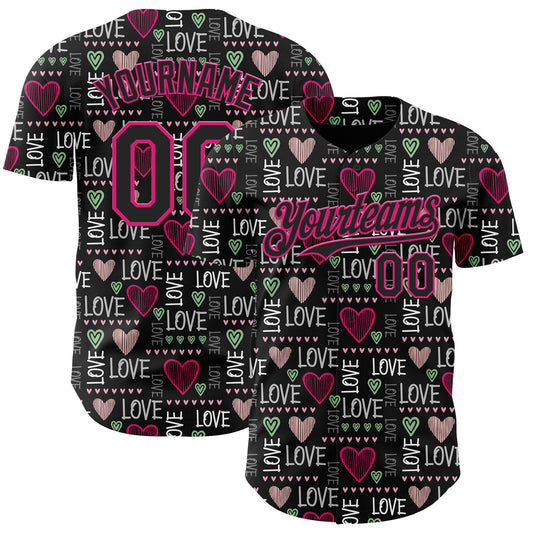 Custom Black Hot Pink Valentine's Day Love Heart Authentic Baseball Jersey - Main View