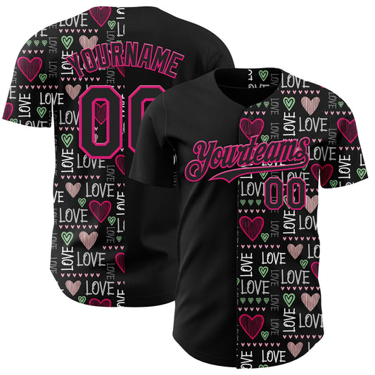 Custom Black Hot Pink Valentine's Day Love Heart Authentic Baseball Jersey - Main View