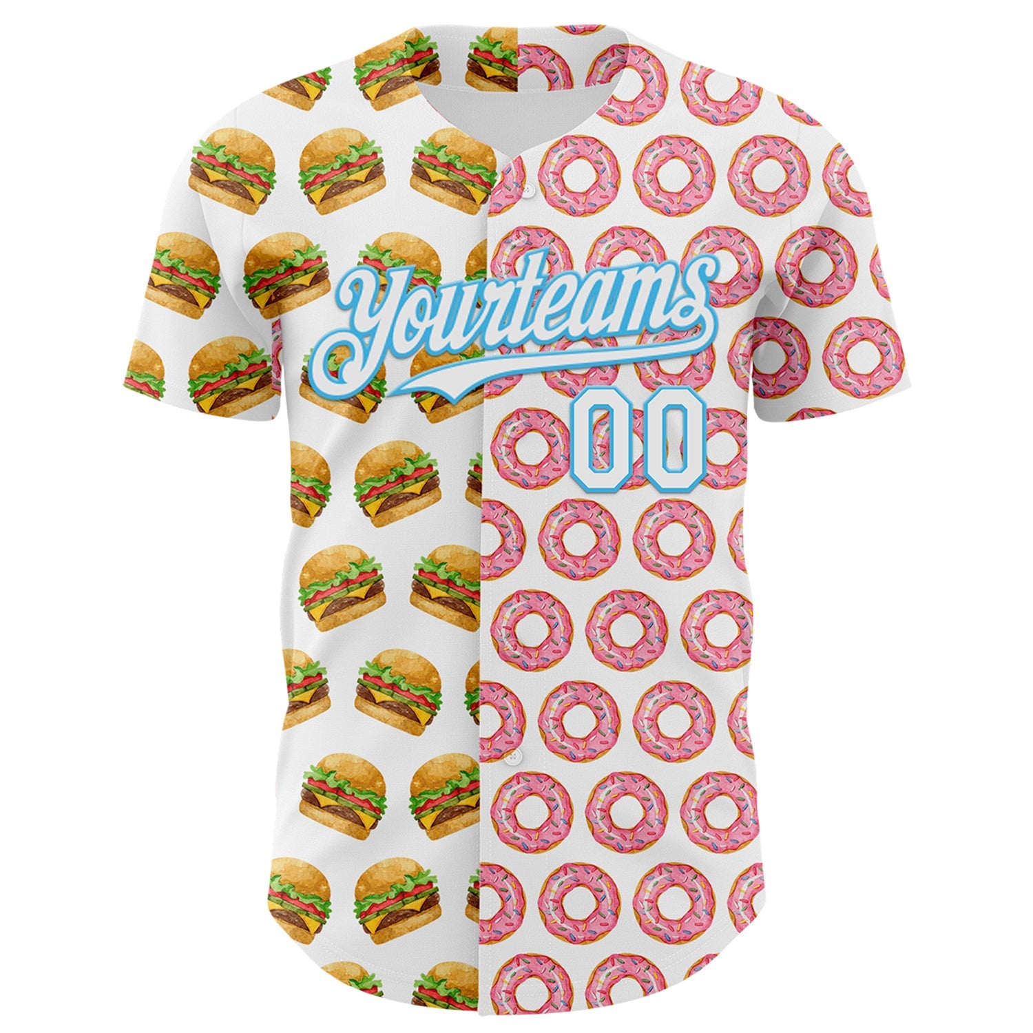 Custom White Sky Blue Valentine's Day Donut Meets Hamburger Authentic Baseball Jersey view 2
