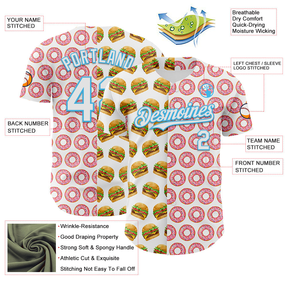 Custom White Sky Blue Valentine's Day Donut Meets Hamburger Authentic Baseball Jersey view 3