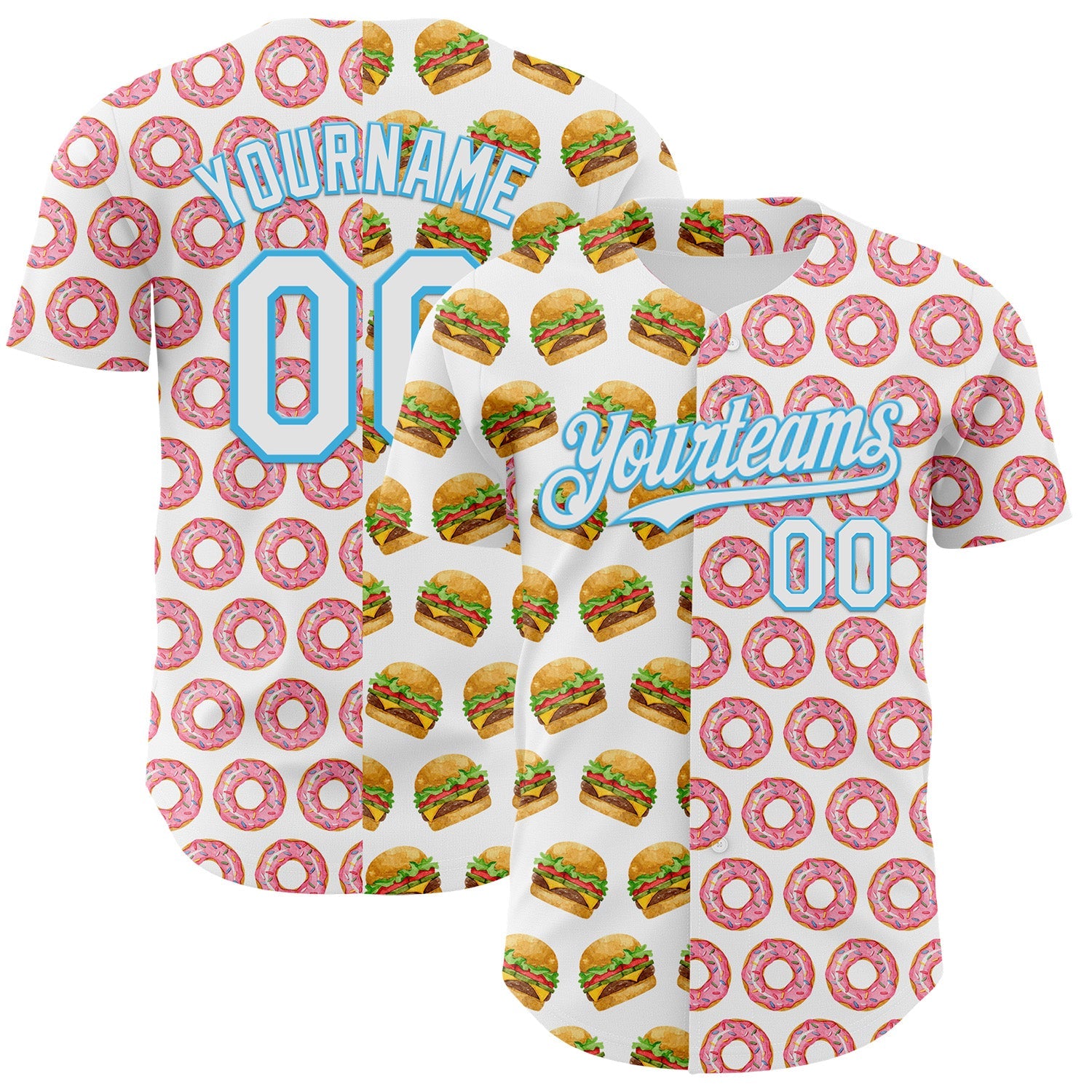 Custom White Sky Blue Valentine's Day Donut Meets Hamburger Authentic Baseball Jersey - Main View