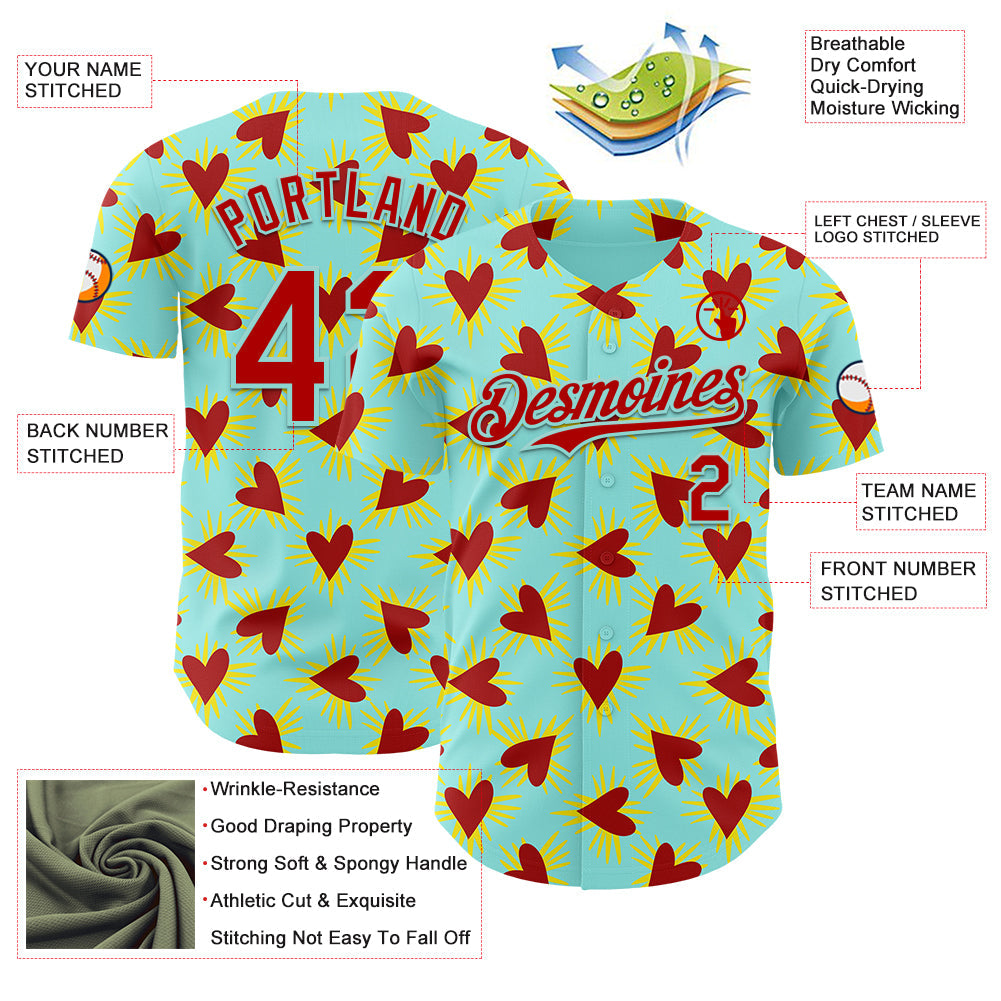 Custom Ice Blue Red Valentine's Day Love Heart Authentic Baseball Jersey view 3