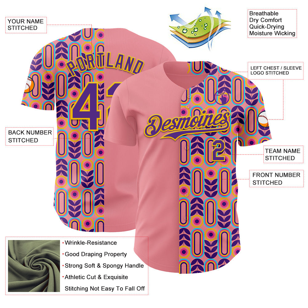 Custom Medium Pink Purple-Yellow Valentine's Day Flower Authentic Baseball Jersey view 3