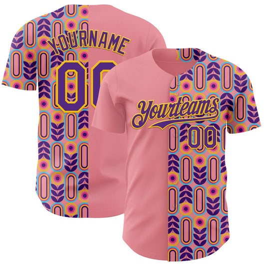 Custom Medium Pink Purple-Yellow Valentine's Day Flower Authentic Baseball Jersey - Main View
