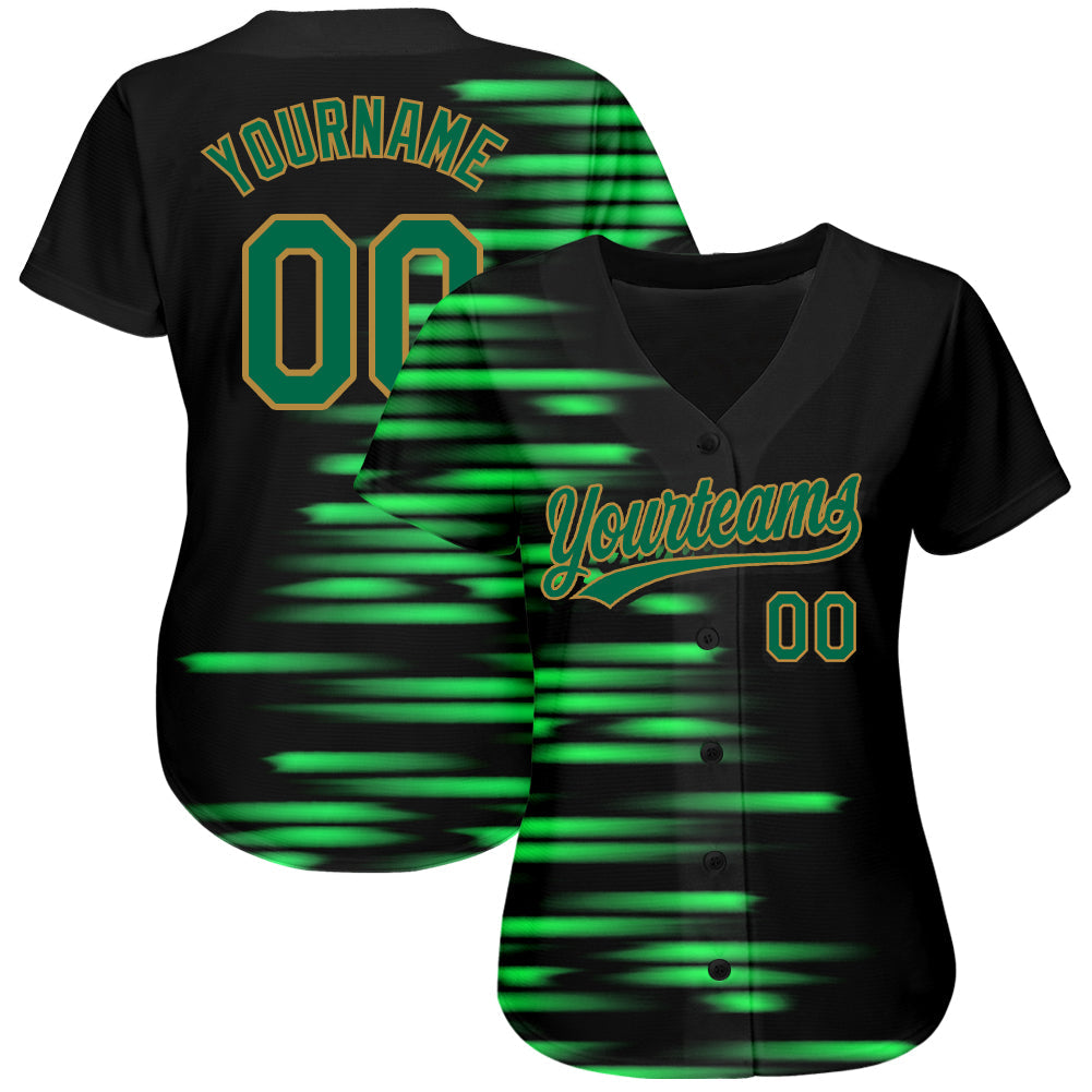 Custom Black Kelly Green-Old Gold 3D Pattern Design Authentic Baseball Jersey view 2