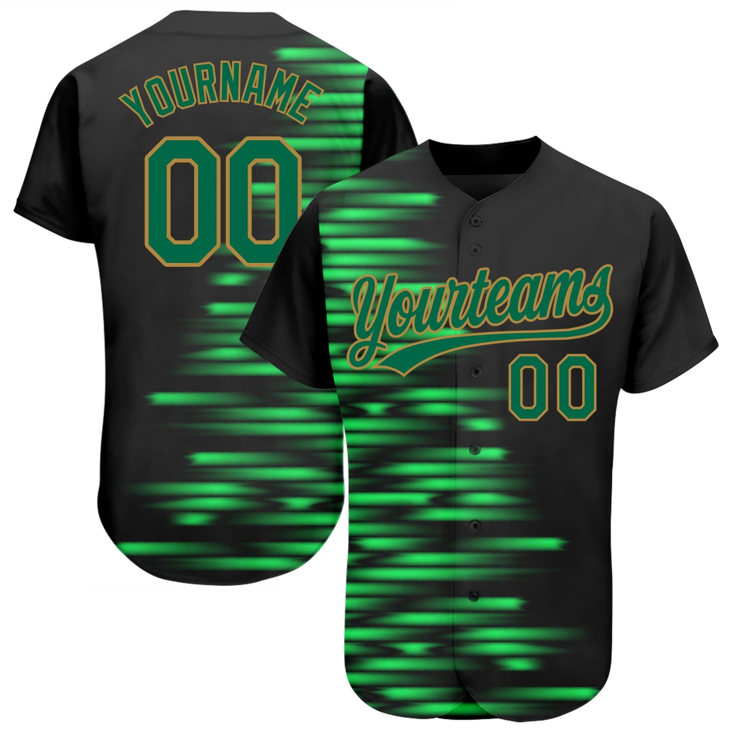 Custom Black Kelly Green-Old Gold 3D Pattern Design Authentic Baseball Jersey - Main View