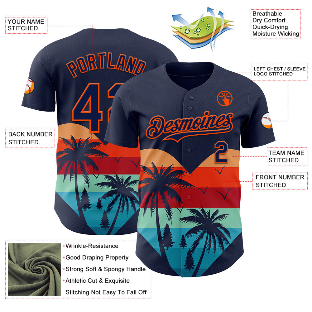 Custom Navy Orange Valentine's Day Coconut Trees Authentic Baseball Jersey view 3