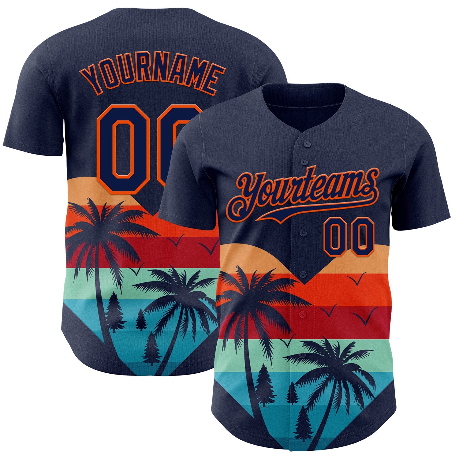 Custom Navy Orange Valentine's Day Coconut Trees Authentic Baseball Jersey - Main View