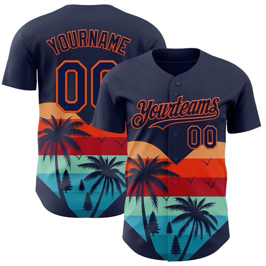 Custom Navy Orange Valentine's Day Coconut Trees Authentic Baseball Jersey - Main View