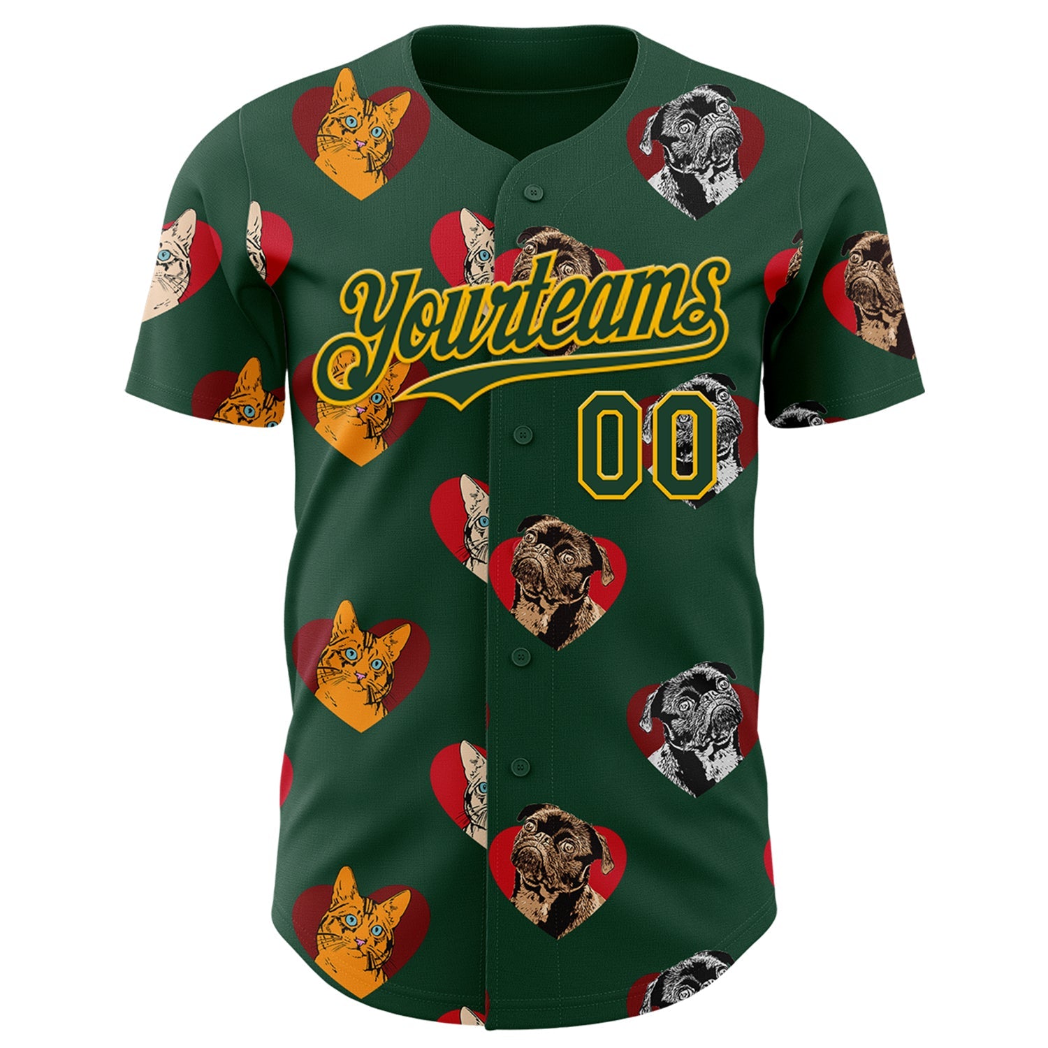 Custom Green Yellow Valentine's Day Love Heart Authentic Baseball Jersey view 2