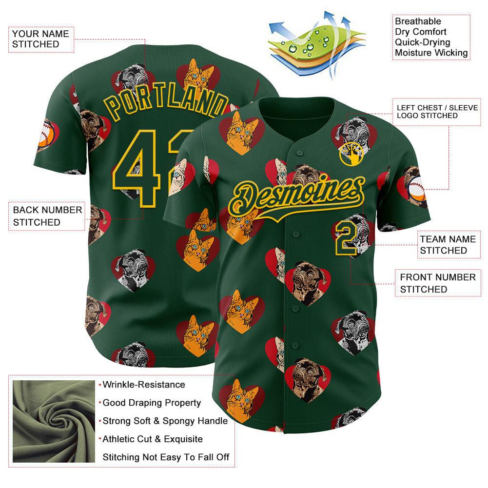 Custom Green Yellow Valentine's Day Love Heart Authentic Baseball Jersey view 3