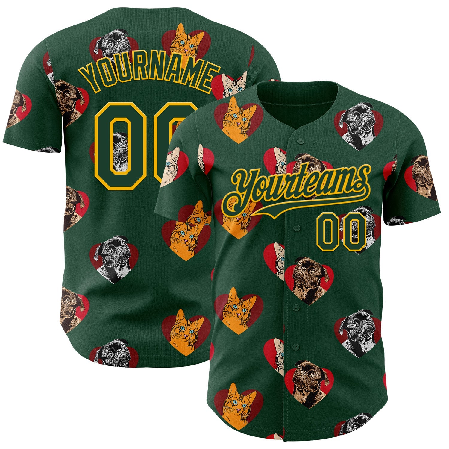 Custom Green Yellow Valentine's Day Love Heart Authentic Baseball Jersey - Main View