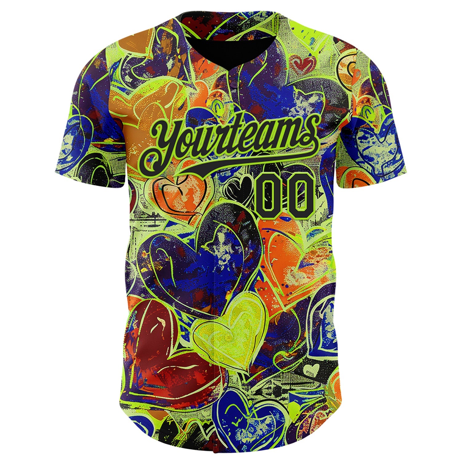 Custom Black Neon Green Valentine's Day Love Heart Authentic Baseball Jersey view 2