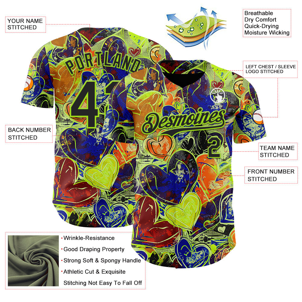 Custom Black Neon Green Valentine's Day Love Heart Authentic Baseball Jersey view 3