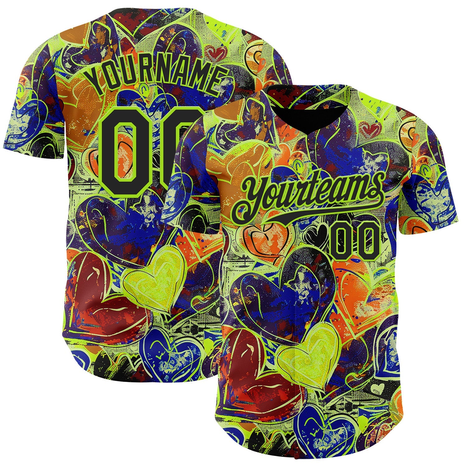 Custom Black Neon Green Valentine's Day Love Heart Authentic Baseball Jersey - Main View