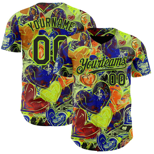 Custom Black Neon Green Valentine's Day Love Heart Authentic Baseball Jersey - Main View