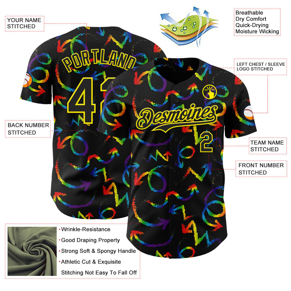 Custom Black Light Yellow Valentine's Day Arrow Pride Month Love Is Love Authentic Baseball Jersey view 3