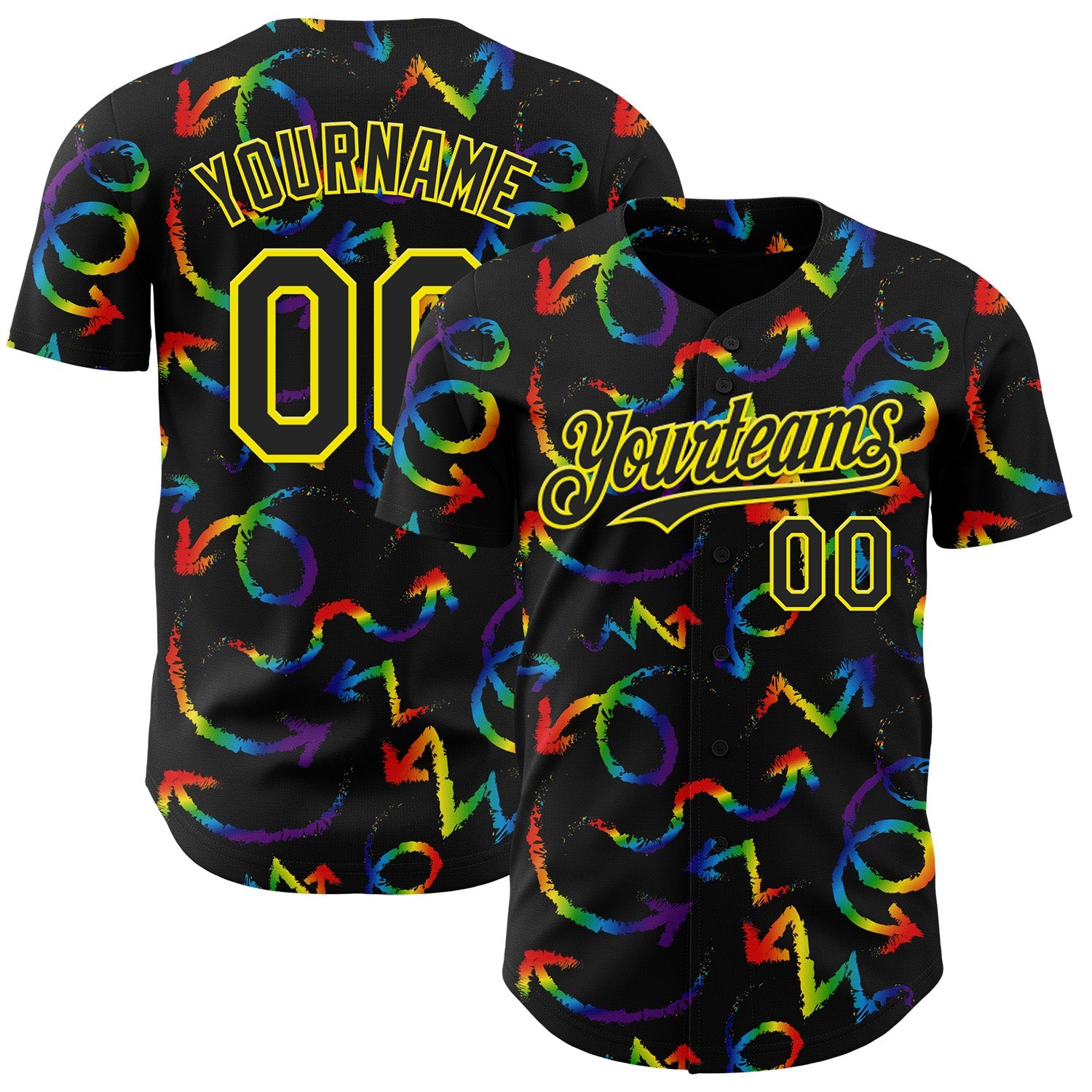 Custom Black Light Yellow Valentine's Day Arrow Pride Month Love Is Love Authentic Baseball Jersey - Main View