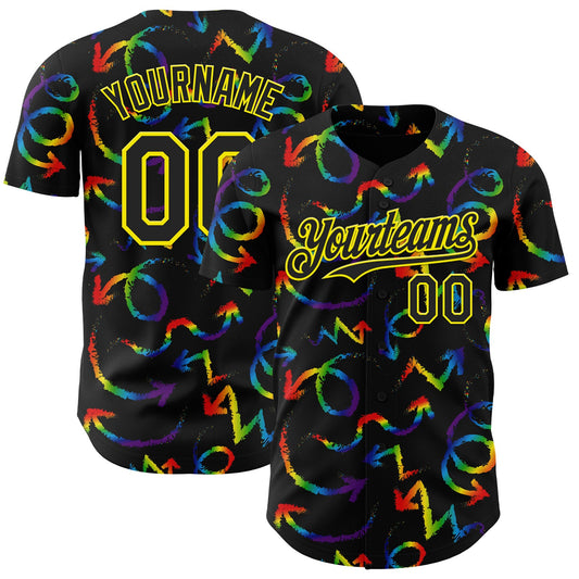 Custom Black Light Yellow Valentine's Day Arrow Pride Month Love Is Love Authentic Baseball Jersey - Main View
