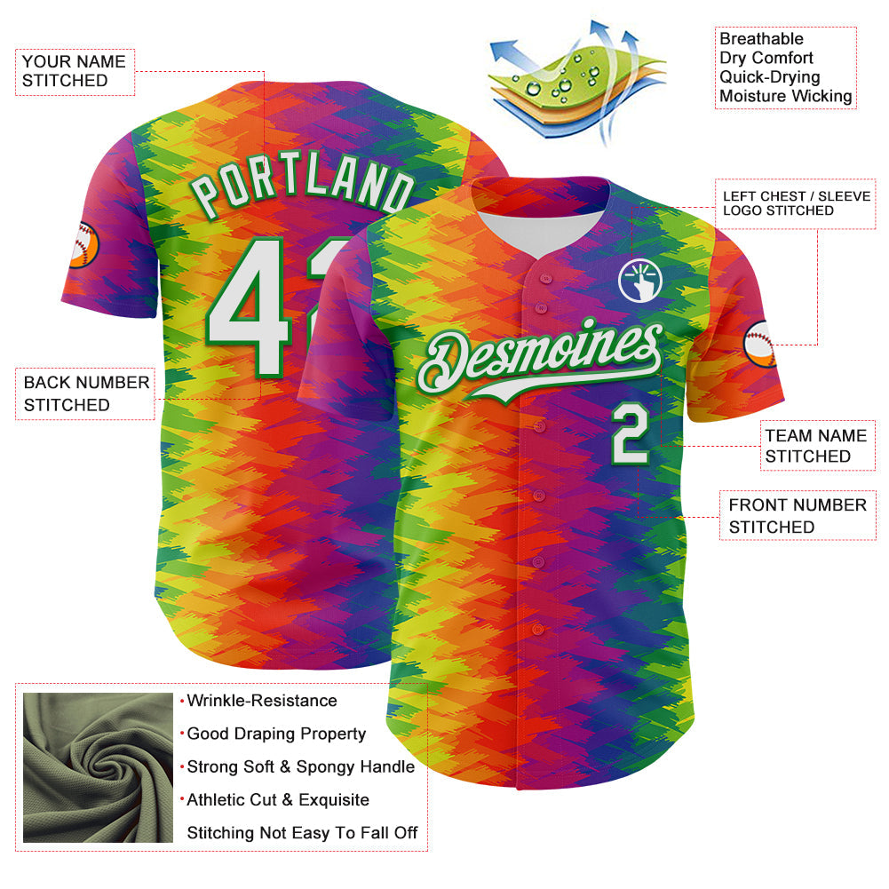 Custom Rainbow White-Grass Green Valentine's Day Gradient Pride Month Love Is Love Authentic Baseball Jersey view 3