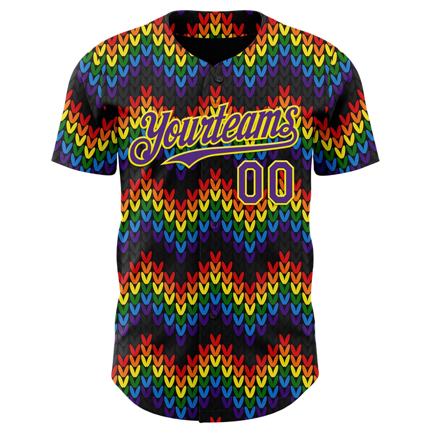 Custom Black Purple-Light Yellow Valentine's Day Love Heart Pride Month Love Is Love Authentic Baseball Jersey view 2
