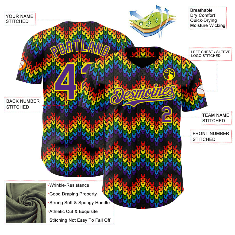 Custom Black Purple-Light Yellow Valentine's Day Love Heart Pride Month Love Is Love Authentic Baseball Jersey view 3