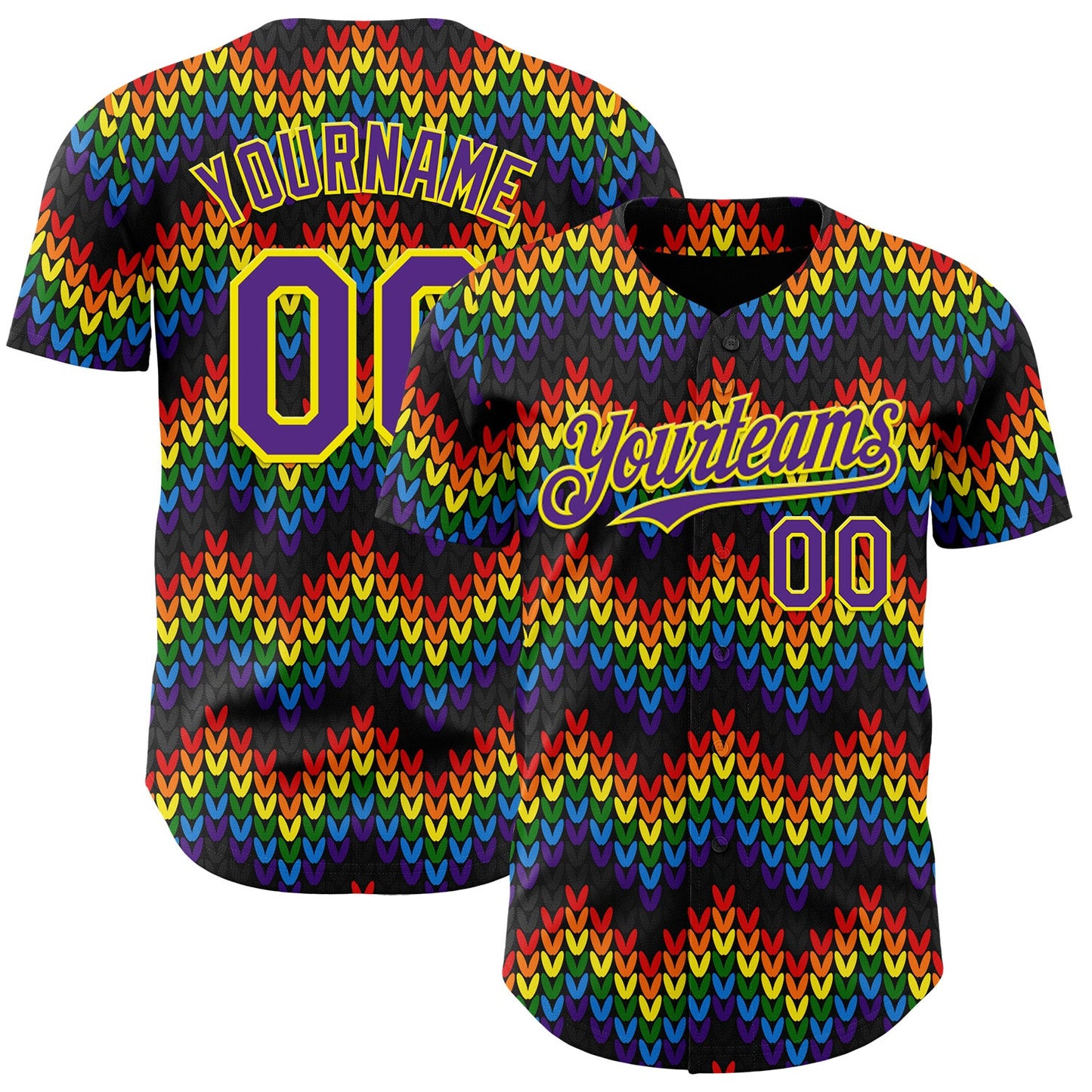 Custom Black Purple-Light Yellow Valentine's Day Love Heart Pride Month Love Is Love Authentic Baseball Jersey - Main View