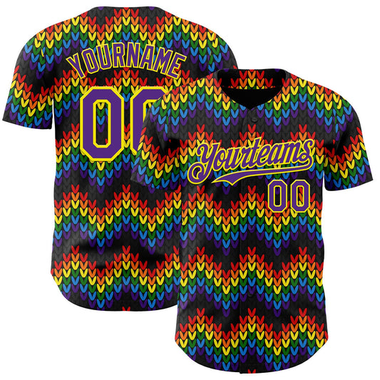 Custom Black Purple-Light Yellow Valentine's Day Love Heart Pride Month Love Is Love Authentic Baseball Jersey - Main View