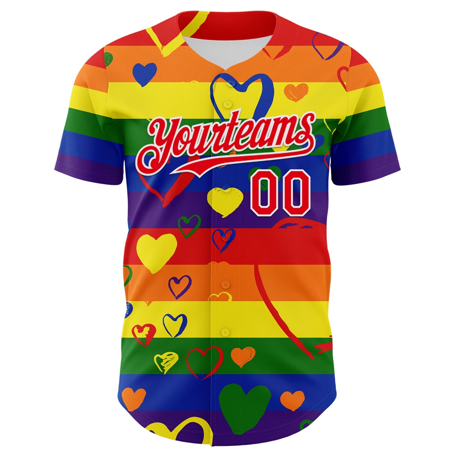 Custom Rainbow Fire Red-White Valentine's Day Love Heart Pride Month Love Is Love Authentic Baseball Jersey view 2