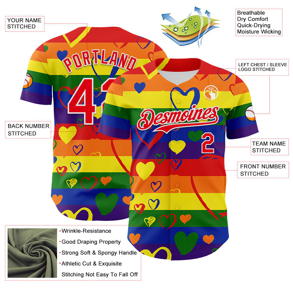 Custom Rainbow Fire Red-White Valentine's Day Love Heart Pride Month Love Is Love Authentic Baseball Jersey view 3
