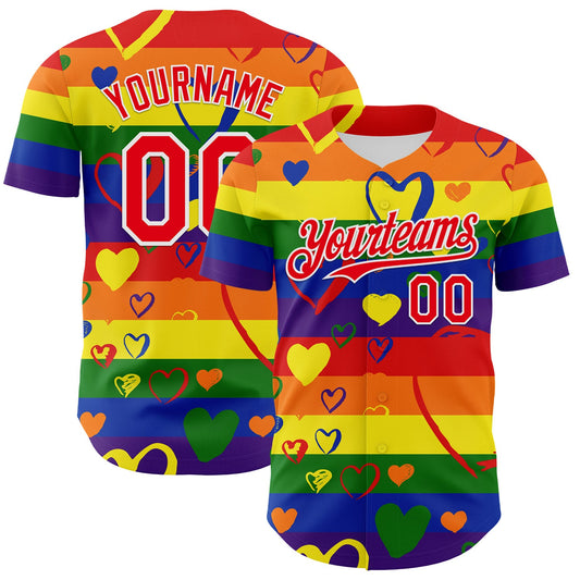 Custom Rainbow Fire Red-White Valentine's Day Love Heart Pride Month Love Is Love Authentic Baseball Jersey - Main View