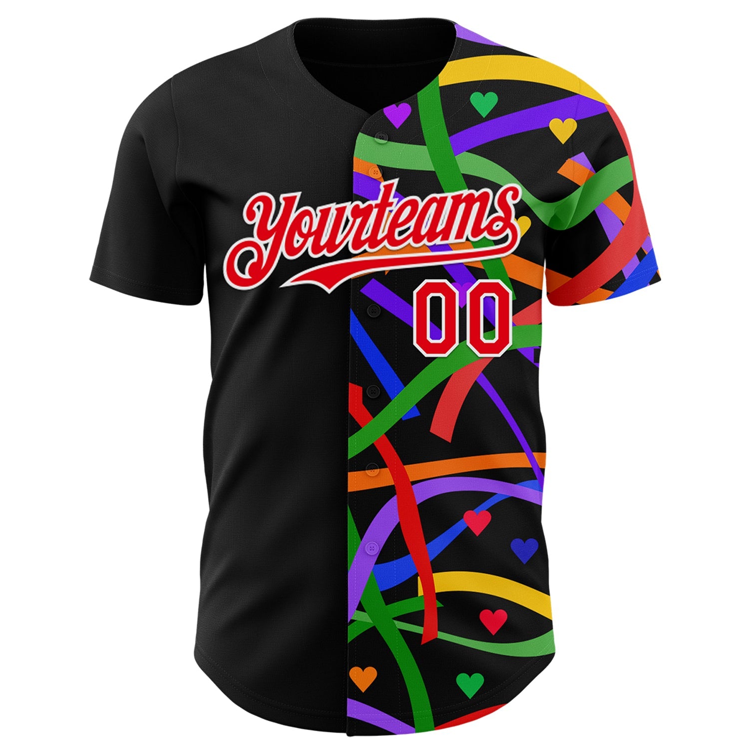 Custom Black Fire Red-White Valentine's Day Love Heart Pride Month Love Is Love Authentic Baseball Jersey view 2