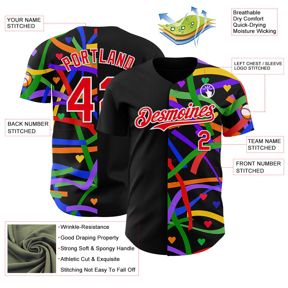 Custom Black Fire Red-White Valentine's Day Love Heart Pride Month Love Is Love Authentic Baseball Jersey view 3