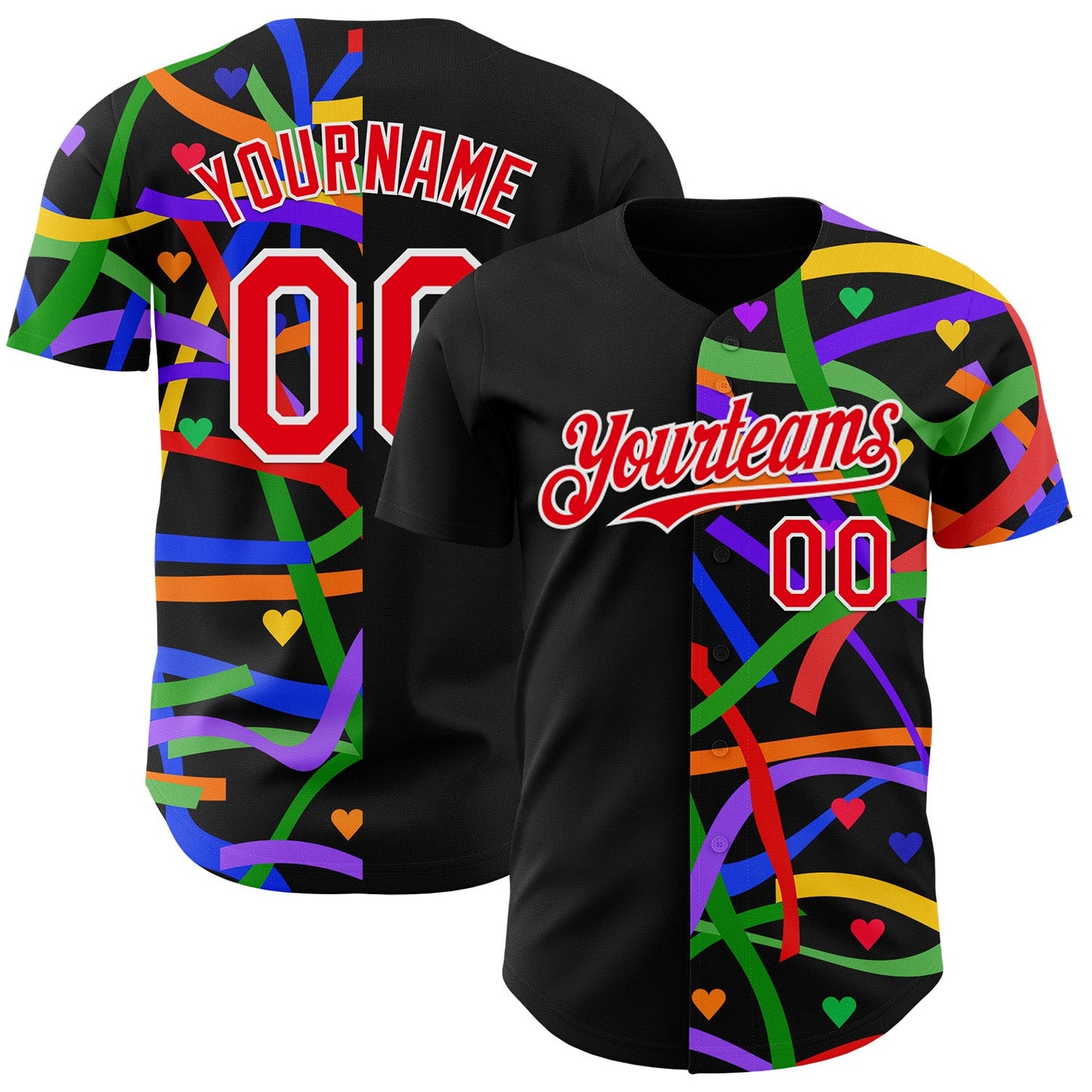 Custom Black Fire Red-White Valentine's Day Love Heart Pride Month Love Is Love Authentic Baseball Jersey - Main View