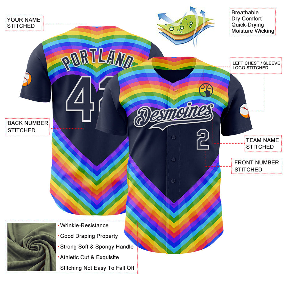 Custom Navy White Valentine's Day Love Heart Pride Month Love Is Love Authentic Baseball Jersey view 3