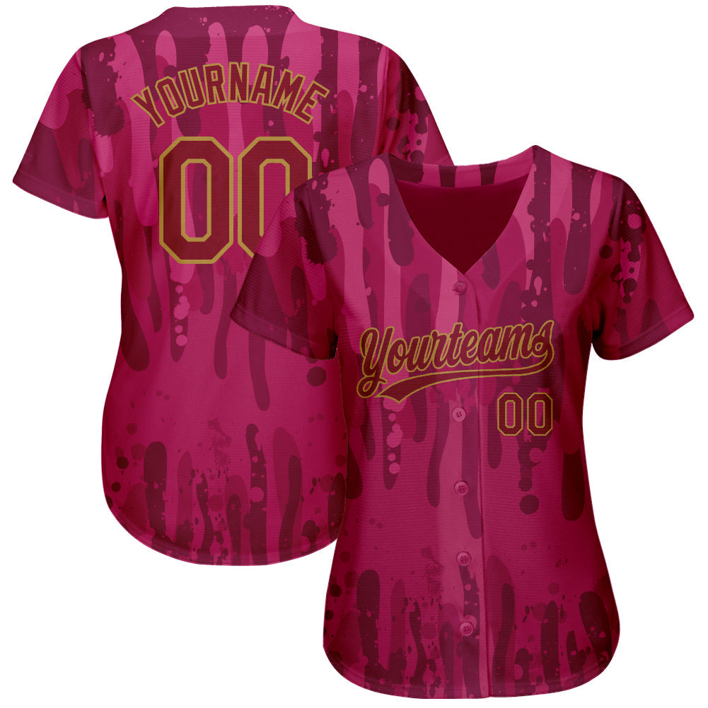 Custom Crimson Crimson-Old Gold 3D Pattern Design Authentic Baseball Jersey view 2