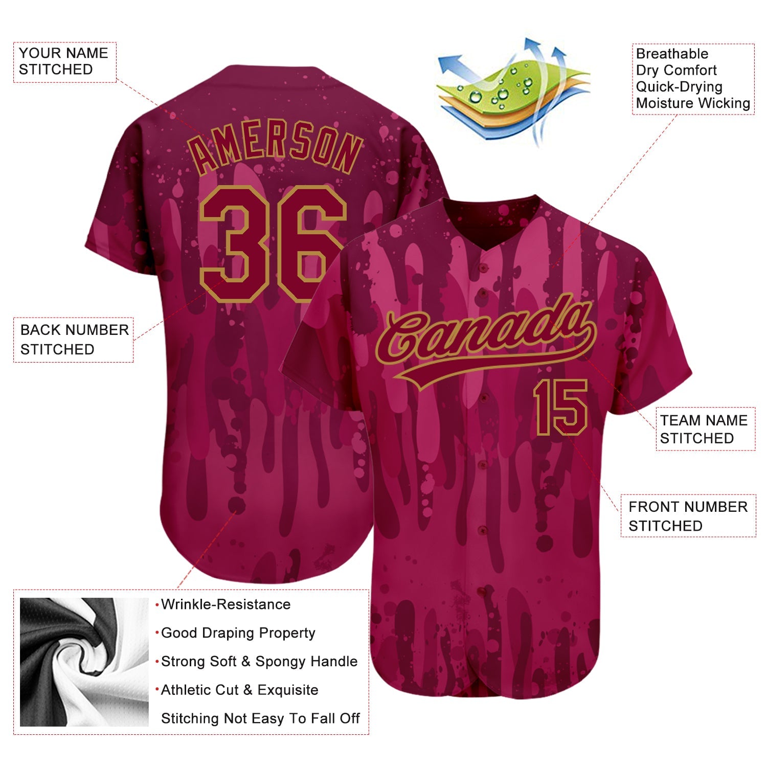 Custom Crimson Crimson-Old Gold 3D Pattern Design Authentic Baseball Jersey view 3